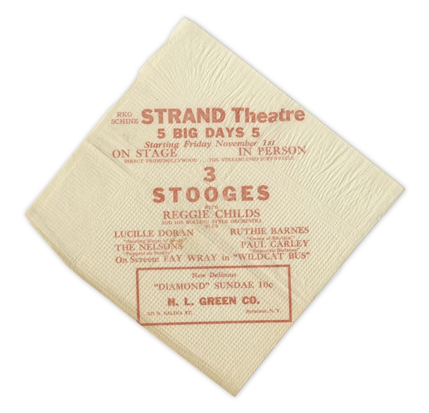 Unique Three Stooges' Promotional Items From 1940, Advertising Their Performance at the Strand Theatre -- Paper Bag Measuring 6'' x 8'' & Napkin Measuring 7'' x 6.75'' -- Very Good